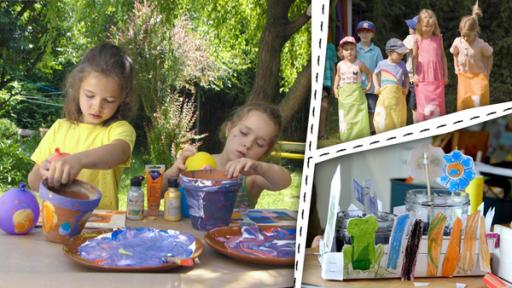 Rechte: KiKA/Motion Works GmbH Zwei Kinder bemalen mit bunten Farben Blumentöpfe. Eine Gruppe von Kindern spielt Sackhüpfen.