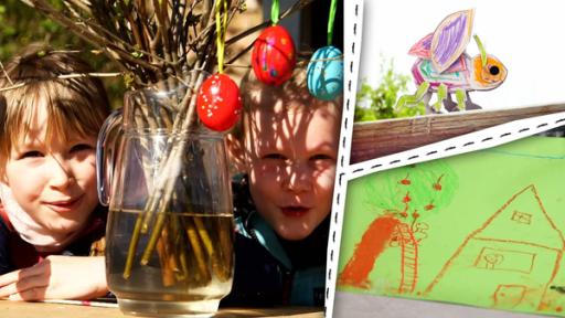 Kinder binden einen Osterstrauß.