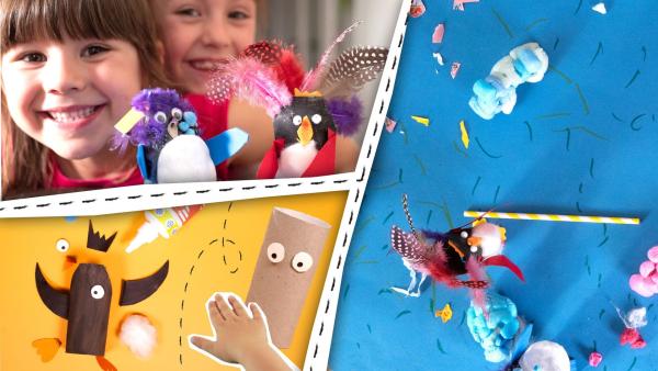 Pinguine aus Klopapierrollen und zwei Kinder lächeln.