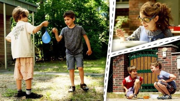 Zwei Kinder zerplatzen einen Ballon. Ein Kind isst Suppe, andere Kinder sind in der Hocke und lachen.