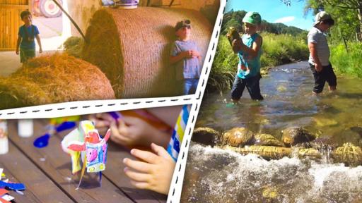 Rechte: KiKA/Motion Works GmbH Kinder in einer Scheune mit Heuballen, ein Steckkuh auf einem Tisch und Kinder im Bach.
