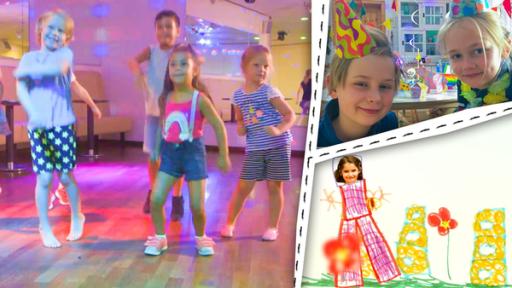 Kinder tanzen, Kinder haben Partyhüte auf dem Kopf und ein Kind tanzt in einem gemalten Bild.