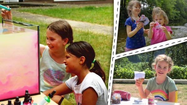 Kinder experimentieren im Wasser und basteln Steckfische und ein Korkenboot.