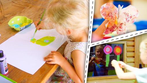 Rechte: KiKA/Motion Works GmbH Kinder malen und basteln Schmetterlinge. Ein Mädchen macht Blumen für ihr Fenster.