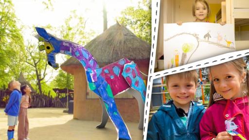 Rechte: KiKA/Motion Works GmbH Kinder basteln eine Steckgiraffe und ein Steckerdmännchen. Ein Mädchen malt ein Bild mit Zootieren.