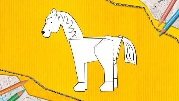 Ein Pferd zum Basteln, der aus Papier zusammengesteckt und geklebt wird.