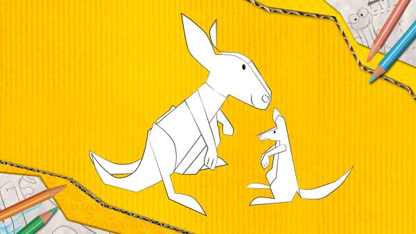 Ein Känguru zum Basteln, das aus Papier zusammengesteckt und geklebt wird.