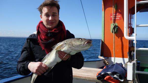 Felix auf der Ostsee mit frisch gefangenem Dorsch             