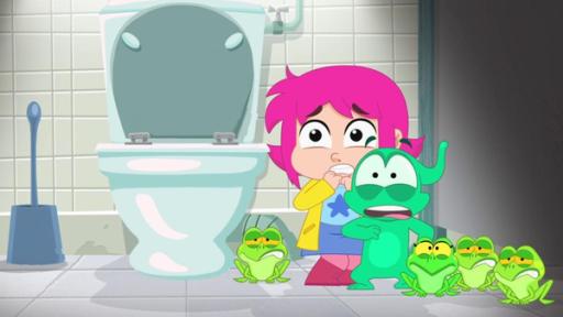 Der Mutanten-Frosch | Rechte: Media Valleys - 2018 Rebecca (links) und Ernest (rechts) stehen zusammen mit vier Fröschen neben einer Toilette (Mitte). Sie schauen alle entsetzt.