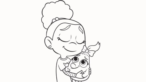 Esme und Fee Die Mostersitterin Esme hält das Monsterchen Fee im Arm.