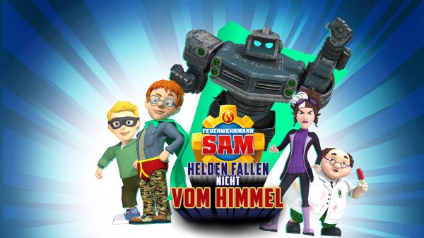 Norman und James im Superheldenkostüm, dahinter ein fieser, dunkler Roboter, eine Schurkin und ein Professor