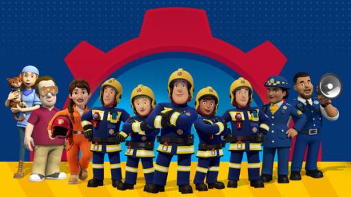 Rettunghsteam von Pontypandy stehen im Halbkreis und schauen.