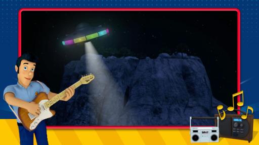 Elvis spielt Gitarre, zwei Radios stehen daneben, Notenzeichen schweben. Ein Ufo fliegt im Nachthimmel.