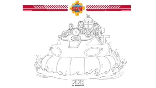 Alle an Bord | Rechte: Prism Art & Design, HIT Entertainment Male Sam, sein Rettungsteam und das neue Hoverkraftboot bunt aus.