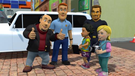 Rechte: KiKA/Prism Art & Design Limited Sam soll im nächsten Film von Don Sledgehammer die Hauptrolle übernehmen. Dazu reist eine Filmcrew aus Hollywood nach Pontypandy.