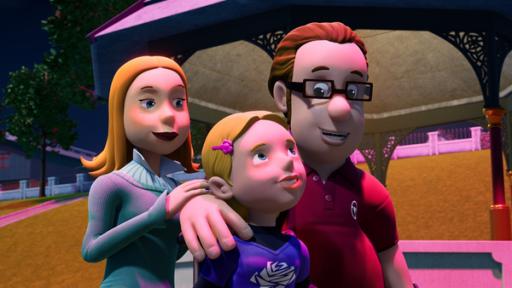 Rechte: KiKA/Prism Art & Design Limited Eine abendliche Szene in Pontypandy. Lizzie, Hannah und Joe stehen eng beieinander. Hannah in der Mitte. Sie schaut rechts in den Himmel und bestaunt das Pontypandy-Feuerwerk.
