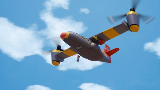 Rechte: KiKA/Prism Art & Design Limited Ein Flugzeug am Himmel von unten aus gesehen. Ben ist an einem Seil befestigt, das aus einer Öffnung am Flugzeuboden heraushängt.