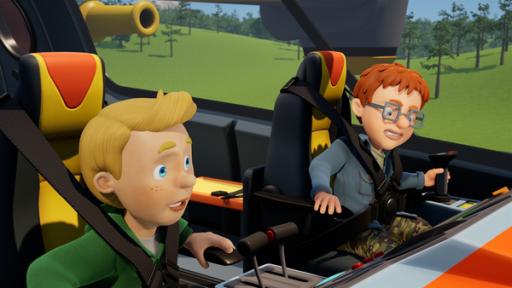 Rechte: KiKA/Prism Art & Design Limited Im Cockpit. Norman sitzt angegurtet im Pilotensitz mit der Hand am Joystick und angestrengtem Blick auf die Armaturen. Neben ihm sitzt James als Co-Pilot. Er schaut mit besorgtem Blick. Durch die Fenster sind Wiesen und Bäume zu sehen.