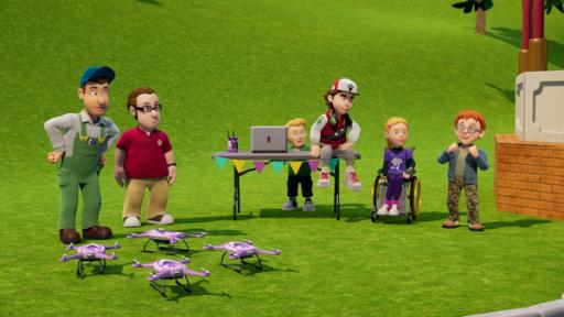 Rechte: KiKA/Prism Art & Design Limited Auf einer Wiese stehen links Mike und Joe. Vor ihnen stehen vier Drohnen. Mittig sitzt James hinter einem Tisch, auf dem ein aufgeklappter Laptop steht. Rechts sind Peter, Hannah im Rollstuhl und Norman, der seine geballten Hände erhoben hält und freudig schaut.