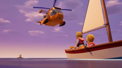 Rechte: 2023 Prism Art & Design Limited James treibt mit Schwimmweste im offenen Meer. Ein Rettungs-Helikopter kommt angeflogen. Rechts schwimmt ein Boot auf dem Wasser, in welchem zwei Kinder sitzen.