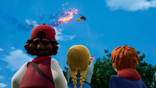 Drei Kinder beobachten, wie ihr Drachen am Himmel in Flammen aufgeht. Das Mädchen versucht mit der Drachenschnur die Kontrolle über ihn wiederzuerlangen.