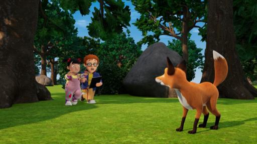 Rechte: KiKA/2024 Prism Art & Design Limited Das kleine Mädchen Lily läuft mit ausgestreckten Händen zu einem Fuchs, der auf einer Lichtung im Wald steht. Norman hockt mit einem Zeichenblock auf dem Knie neben Lily und schaut besorgt zu ihr.