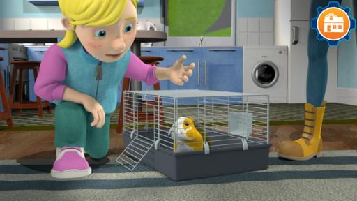 Entlaufene Meerschweinchen | Rechte: KiKA/HIT Entertainment Sarah kniet neben einem Nagetierkäfig in dem sich ein Meerschweinchen befindet.