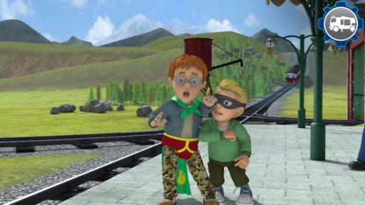 Vorsicht an Bahngleisen | Rechte: KiKA/HIT Entertainment Norman und James rangeln am Bahnsteig, Norman hebt warnend den Finger. Zug im Hintergrund.