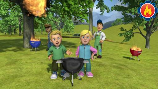 James und Sarah stehen vor einem Grill. Im hintergrund brennt ein Baum.