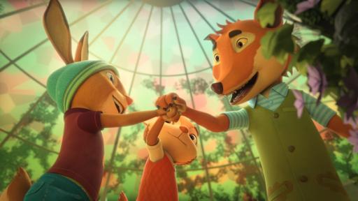 Rechte: NDR/Akkord Film/arx anima/SERU Animation/Thienemann‐Esslinger Verlag Animationsbild: Die Freunde Emmi, Max und Ferdi schlagen mit den Pfoten zusammen ein.