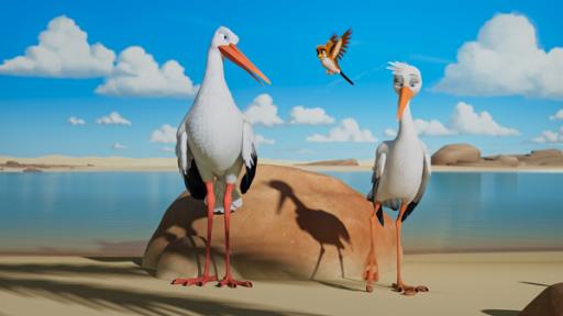 Der Storch Claudius steht mit seinem Sohn Max und dem kleinen Spatzen Richard am Ufer eines Sees in Afrika. Claudius schaut mahnend zu seinem Sohn Max herüber, dieser schaut betroffen.