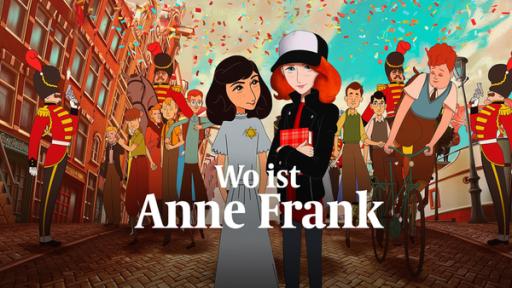 Wo ist Anne Frank | Rechte: Purple Wale/Anne Frank Fonds Basel Anne Frank und Kitty stehen mit Anne Franks Tagebuch auf einer Straße, umgeben von Menschen und Konfetti.
