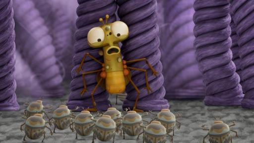 Verflixt und zugeklebt | Rechte: ©Aardman Animations 2022 Vor einer Wand aus lila Teppichfäden steht Floyd mit entsetztem Gesichtsausdruck. Seine Haut ist vom Orangensaft ganz gelb und an ihm kleben bereits einige Staubkörner. Ihm gegenüber steht eine Truppe von Teppichkäfern, die Floyd zurück gegen die Teppichfäden drängen.