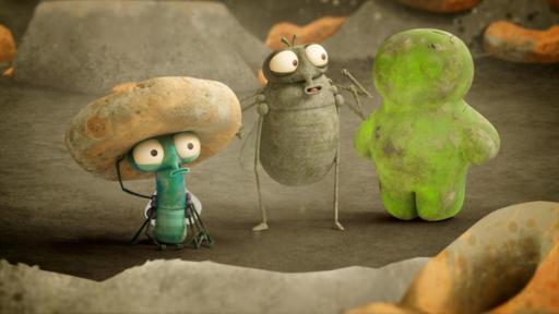 Willkommen im Jenseits | Rechte: ©Aardman Animations 2022 In einer grauen und staubigen Umgebung stehen Floyd und Bob, eine ältere, gräuliche Fliege mit aufgerissenen Augen. Bob steht neben dem schmuddelig-grünen Gummibärchen Gummy Floyd hat einen staubigen Frühstückskringel auf dem Kopf.
