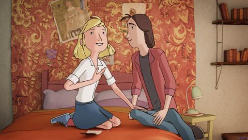 Fritzi und Sophie // Folge 5 | Rechte: Balance Film/TrickStudio Lutterbeck / FILM BILDER / ARD / MDR/ WDR / SWR Ein junges Mädchen und ein junger Mann sitzen auf einem Bett.