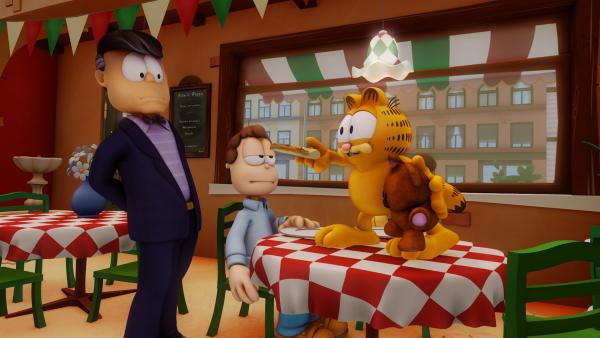 Der Industrielle Mr. Allwork spricht Jon an, da er sich Garfields Teddy Pooky ausleihen möchte, um Duplikate von Pooky herzustellen.