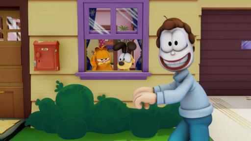 Ohne Worte | Rechte: Mediatoon Distr./hr Comic-Zeichnung von Garfield und Odie, die aus einem Fenster in den Garten schauen. Sie beobachten Jon, der imaginär den Rasen mäht.
