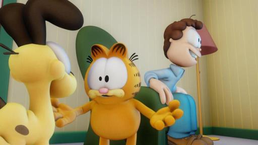 Jon im Kaufrausch | Rechte: Mediatoon Distr./hr Garfield schaut hilfesuchend, während Jon wie hypnotisiert vor dem Fernseher sitzt.