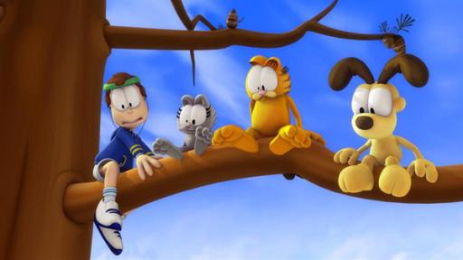 Garfield auf dem Baum | Rechte: Mediatoon Distr./hr Jon, Nemal, Garfield und Odie sitzen verängstigt auf einem Ast.