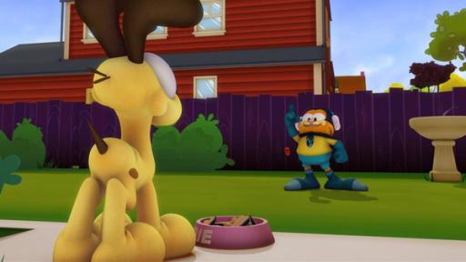 Superhelden | Rechte: Mediatoon Distr./hr Garfield im Superheldenkostüm mit Odie im Garten.