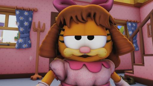 Die lange Nacht der Monster | Rechte: hr/Mediatoon Distr. Garfield verkleidet mit Kleid, Perücke und Schleife auf dem Kopf.