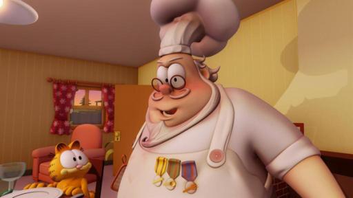 Garfield schaut den Meisterkoch Guiseppe Squisito an, der angeblich die beste Lasagne der Welt gemacht soll.