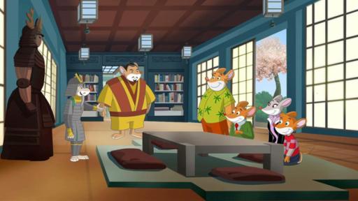 Geronimo und seine Freunde stehen einer kleinen Maus in einer Samurai-Rüstung gegenüber. Daneben steht ein große kräftige Maus in einem japanischen Kimono.