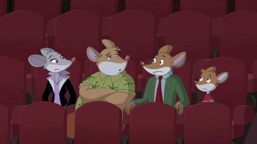 59. Der Monster-Gockel | Rechte: hr Geronimo und seine Freunde sitzen im Kino und schauen Farfalle überrascht an.