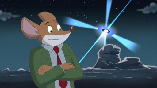 62. Ein Paradies für Aliens | Rechte: Atlantyca Entertainment/hr Geronimo steht mit verschränkten Armen. Im Hintergrund fliegt ein Raumschiff am dunklen Nachthimmel und leuchtet auf einen Felsen.