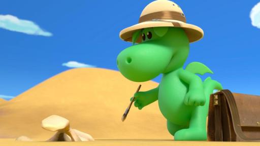 Grisusaurus | Rechte: © 2023 MONDO TV Group, Pagot, Calidra, T2T, ZDFS Grisu, der kleine grüne Drache, steht mit einem Tropenhut in der Wüste. Er hat einen kleinen Pinsel in der Hand, vor ihm im Wüstensand liegt ein Knochen.