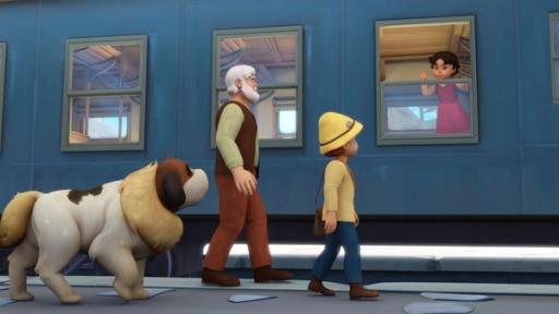 Abschied von der Alm | Rechte: ZDF Heidi schaut aus dem Zugfenster: Großvater, Peter und Hund Josef verabschieden sie auf dem Bahnsteig.