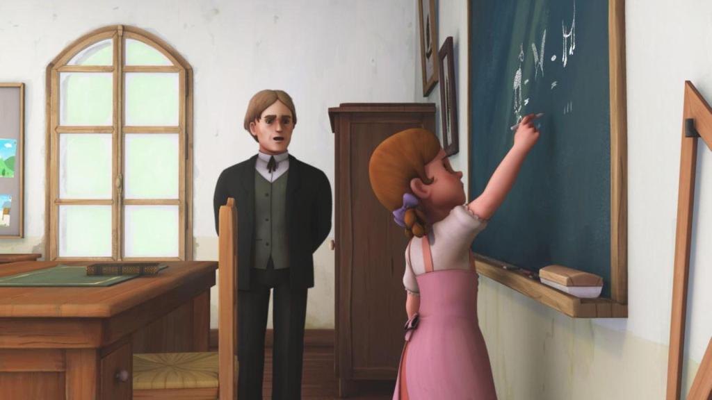 In der Schule: Theresa schreibt etwas an die Tafel, der Lehrer steht im Hintergrund.