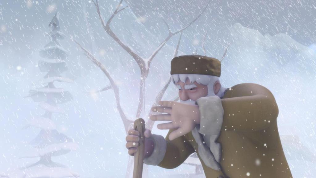 Großvater kämpft sich durch einen heftigen Schneesturm. 