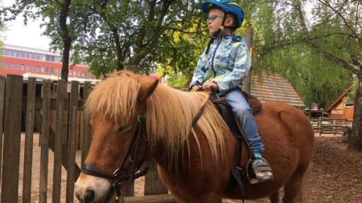 Rechte: ZDF/Studio.TV.Film Der fünfjährige Jakob darf auf dem Ponyhof zum ersten Mal traben.